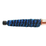 The image shows a bore brush with blue bristles, a black handle, and a brass-colored connector. It is used to clean the interior tubing of brass wind instruments like trumpets, trombones, and tubas. The bristles remove moisture and debris, while the threaded end attaches to a cleaning rod for easy maintenance, helping to preserve instrument hygiene and sound quality.