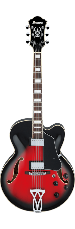 The image shows an Ibanez semi-hollow body electric guitar with red-to-black sunburst finish and cream binding. It features visible f-holes, a black headstock with the Ibanez logo and inlay, six tuning pegs, two chrome humbucking pickups, four control knobs, a chrome selector switch, and a decorative tailpiece. The dark fretboard has block inlays, and the chrome bridge completes the design, suitable for jazz, blues, and rock styles.