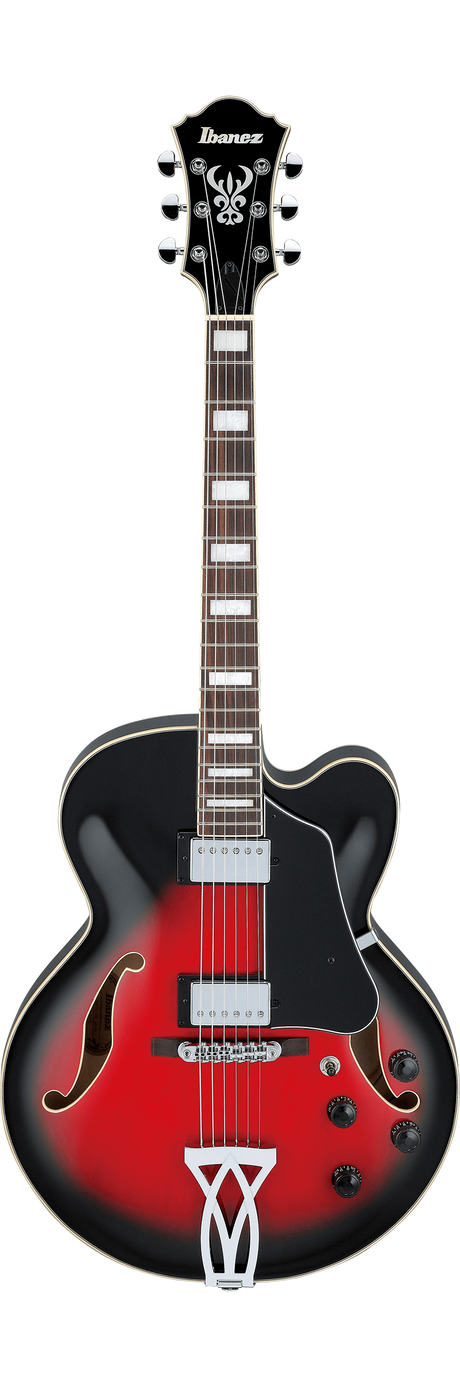 The image shows an Ibanez semi-hollow body electric guitar with red-to-black sunburst finish and cream binding. It features visible f-holes, a black headstock with the Ibanez logo and inlay, six tuning pegs, two chrome humbucking pickups, four control knobs, a chrome selector switch, and a decorative tailpiece. The dark fretboard has block inlays, and the chrome bridge completes the design, suitable for jazz, blues, and rock styles.