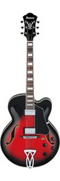 The image shows an Ibanez semi-hollow body electric guitar with red-to-black sunburst finish and cream binding. It features visible f-holes, a black headstock with the Ibanez logo and inlay, six tuning pegs, two chrome humbucking pickups, four control knobs, a chrome selector switch, and a decorative tailpiece. The dark fretboard has block inlays, and the chrome bridge completes the design, suitable for jazz, blues, and rock styles.