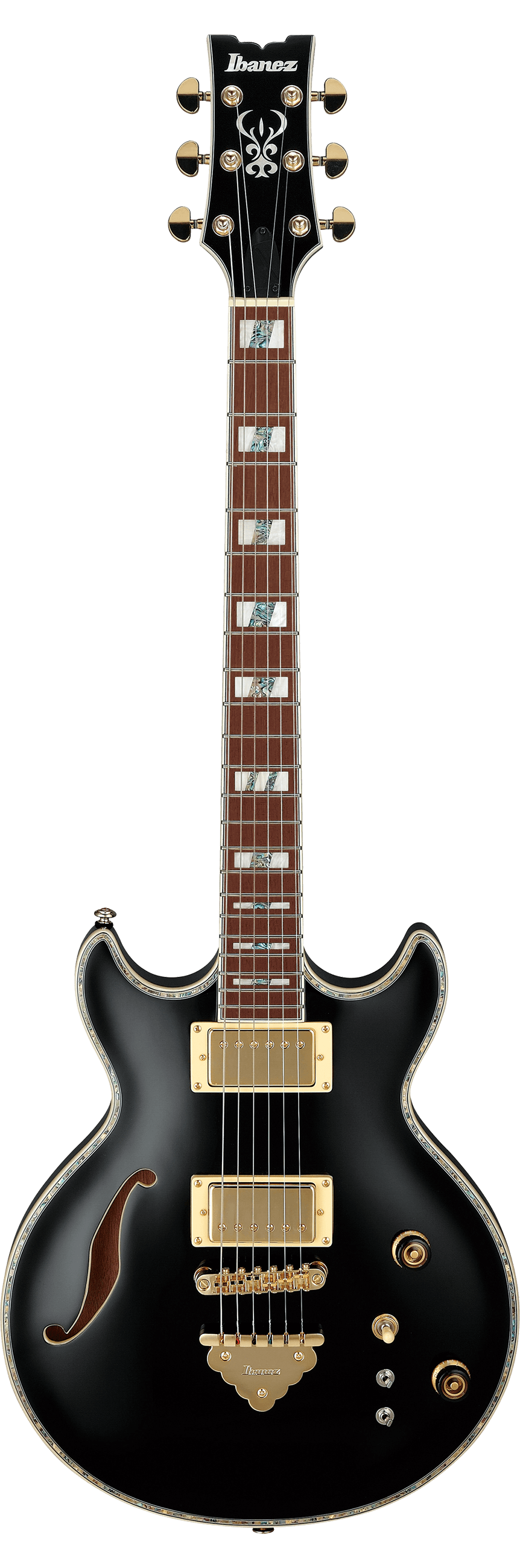 The image shows an Ibanez semi-hollow electric guitar with a black finish and gold hardware. It features two gold-covered humbucker pickups, a black headstock with the Ibanez logo and ornate inlay, a rosewood fretboard with decorative inlays, six gold tuning pegs (3+3), multiple control knobs, a pickup selector switch, and a gold bridge. This high-end model is likely from the Artist series, known for its warm, resonant tone.