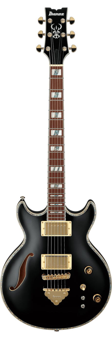 The image shows an Ibanez semi-hollow electric guitar with a black finish and gold hardware. It features two gold-covered humbucker pickups, a black headstock with the Ibanez logo and ornate inlay, a rosewood fretboard with decorative inlays, six gold tuning pegs (3+3), multiple control knobs, a pickup selector switch, and a gold bridge. This high-end model is likely from the Artist series, known for its warm, resonant tone.