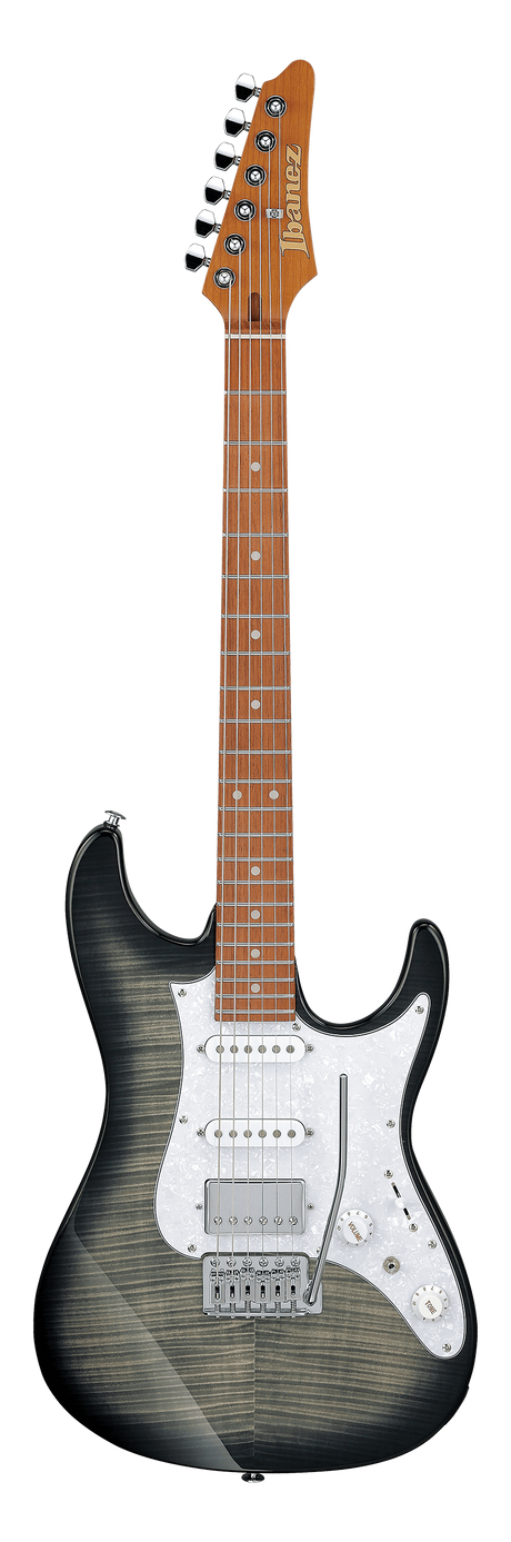 The image shows an electric guitar, likely an Ibanez, with a Strat-style body featuring a dark gray burst flame maple finish. It has a white pickguard, HSS pickups (humbucker at the bridge, single-coils at middle and neck), a maple neck with a dark fretboard, dot inlays, and chrome hardware. Controls include volume, tone, and a selector switch. This versatile mid-to-high-end guitar suits various music styles.