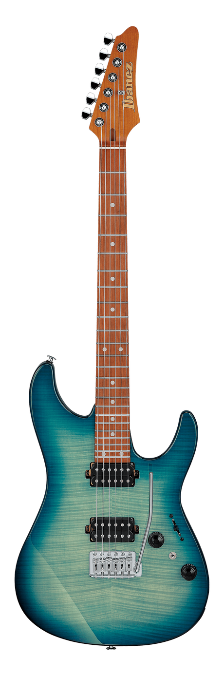 The image shows an Ibanez electric guitar with a blue-to-green gradient burst flamed maple top and a double-cutaway body. It features two black humbucker pickups, a floating tremolo bridge, multiple control knobs, and a pickup selector switch. The neck is light-colored wood with a dark fretboard and dot markers. The natural wood headstock has six black tuning pegs and the Ibanez logo. This premium model is likely from the RG series.