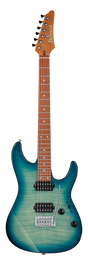 The image shows an Ibanez electric guitar with a blue-to-green gradient burst flamed maple top and a double-cutaway body. It features two black humbucker pickups, a floating tremolo bridge, multiple control knobs, and a pickup selector switch. The neck is light-colored wood with a dark fretboard and dot markers. The natural wood headstock has six black tuning pegs and the Ibanez logo. This premium model is likely from the RG series.