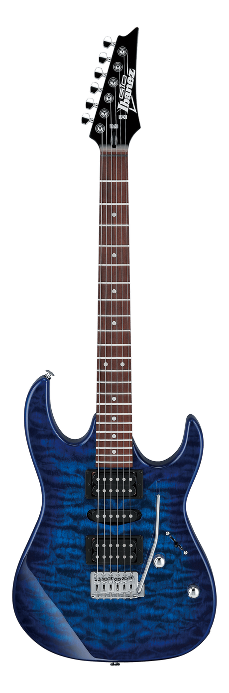 The image shows an Ibanez electric guitar, likely from the RG series, with a blue quilted maple top and double-cutaway body. It features an HSH pickup configuration with black pickups, a floating tremolo bridge, dark rosewood fretboard with dot inlays, chrome hardware, and a black pointed headstock with six inline tuners. The guitar includes volume, tone knobs, and a pickup selector, favored for rock and metal genres due to its fast neck and versatile setup.
