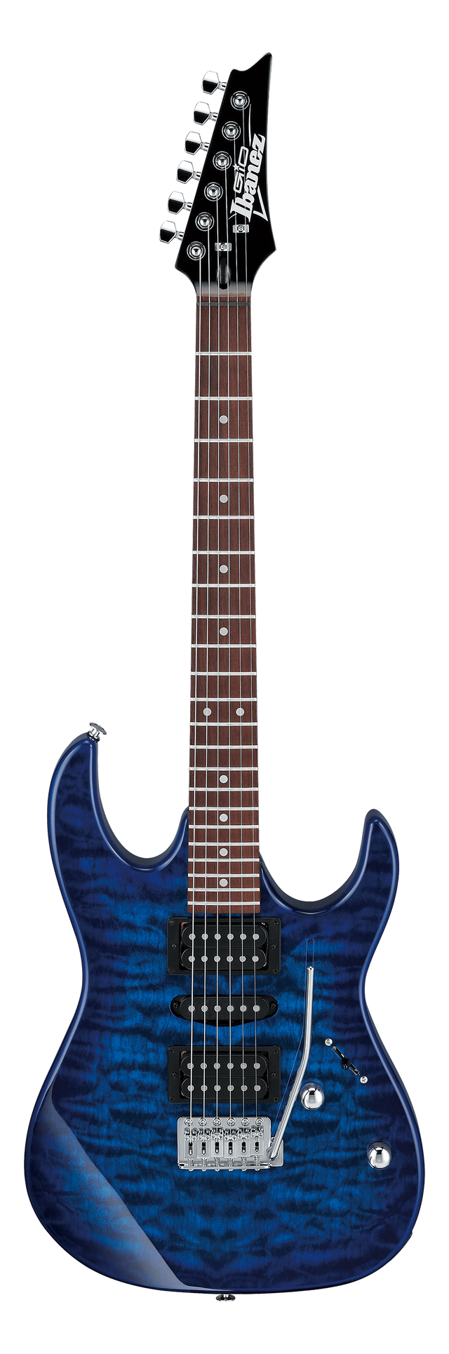 The image shows an Ibanez electric guitar, likely from the RG series, with a blue quilted maple top and double-cutaway body. It features an HSH pickup configuration with black pickups, a floating tremolo bridge, dark rosewood fretboard with dot inlays, chrome hardware, and a black pointed headstock with six inline tuners. The guitar includes volume, tone knobs, and a pickup selector, favored for rock and metal genres due to its fast neck and versatile setup.