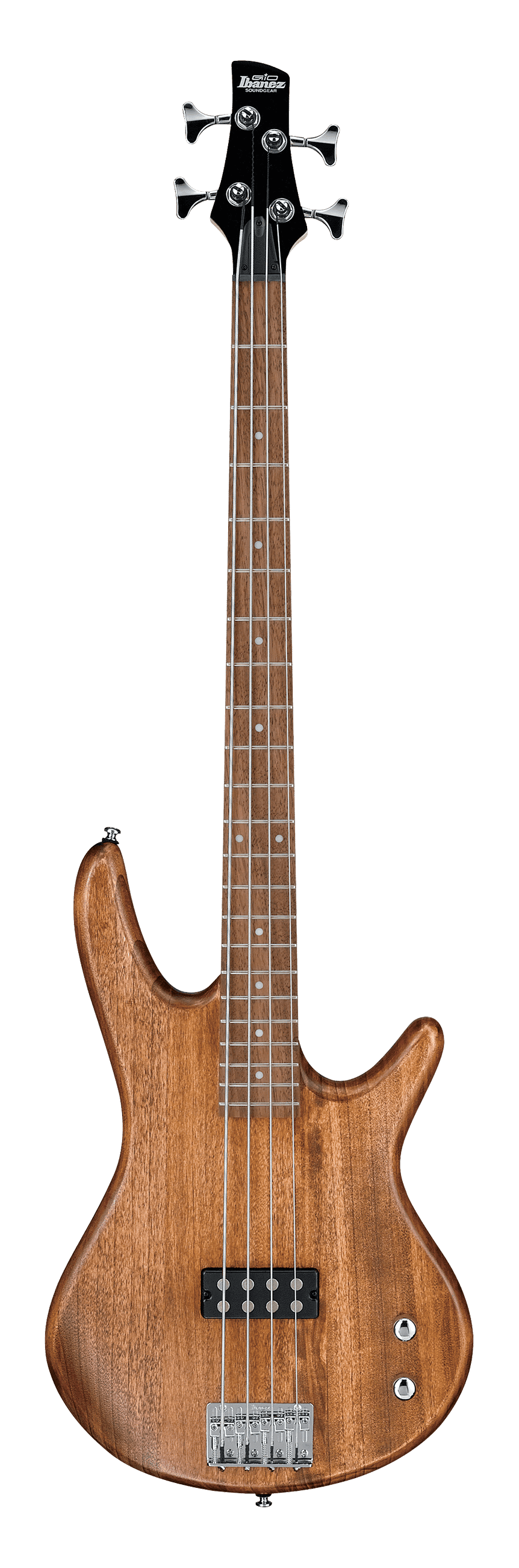 The image shows an Ibanez electric bass guitar with a natural wood finish and 4 strings. It features a sleek modern body, fretted neck with dot inlays, chrome tuning pegs, a single bridge pickup, chrome bridge, two control knobs, and strap locks. The dark fretboard and quality hardware highlight its professional design, suitable for various music styles like rock, jazz, and funk.