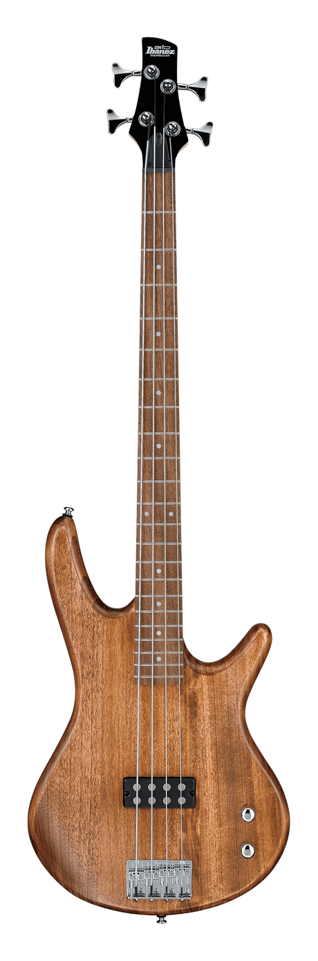 The image shows an Ibanez electric bass guitar with a natural wood finish and 4 strings. It features a sleek modern body, fretted neck with dot inlays, chrome tuning pegs, a single bridge pickup, chrome bridge, two control knobs, and strap locks. The dark fretboard and quality hardware highlight its professional design, suitable for various music styles like rock, jazz, and funk.