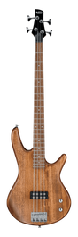 The image shows an Ibanez electric bass guitar with a natural wood finish and 4 strings. It features a sleek modern body, fretted neck with dot inlays, chrome tuning pegs, a single bridge pickup, chrome bridge, two control knobs, and strap locks. The dark fretboard and quality hardware highlight its professional design, suitable for various music styles like rock, jazz, and funk.