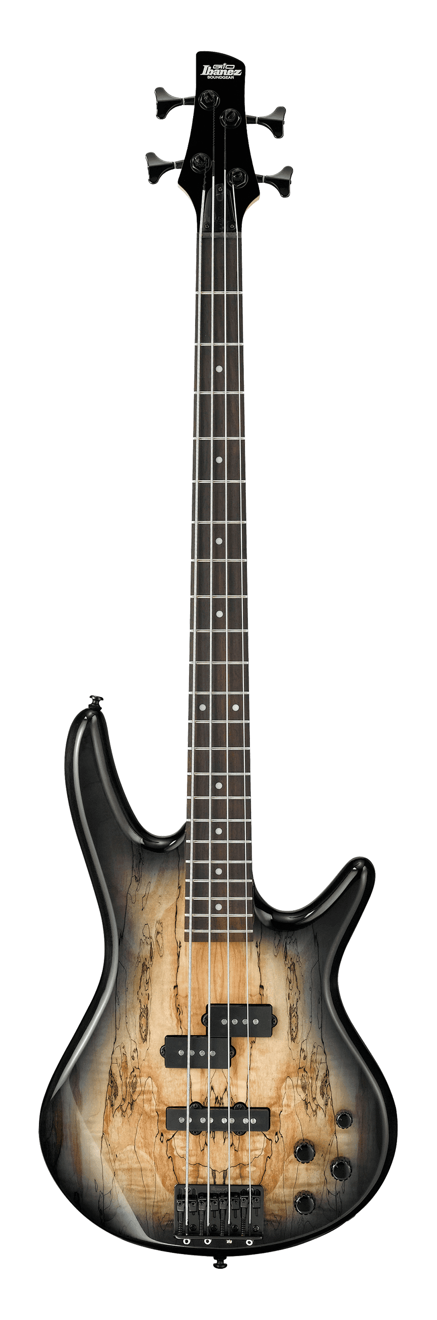 The image shows an electric bass guitar, an Ibanez model with a spalted maple top and gradient natural-to-dark finish. It features a double-cutaway body, black hardware, two pickups in a P/J configuration, multiple control knobs, and a four-string setup. The neck has a dark rosewood fretboard with dot inlays, four black tuning pegs, and the Ibanez logo on the headstock. This modern bass combines natural aesthetics with professional hardware.