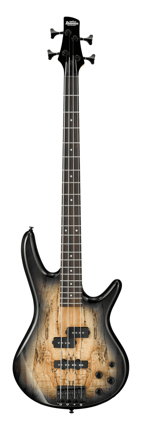 The image shows an electric bass guitar, an Ibanez model with a spalted maple top and gradient natural-to-dark finish. It features a double-cutaway body, black hardware, two pickups in a P/J configuration, multiple control knobs, and a four-string setup. The neck has a dark rosewood fretboard with dot inlays, four black tuning pegs, and the Ibanez logo on the headstock. This modern bass combines natural aesthetics with professional hardware.