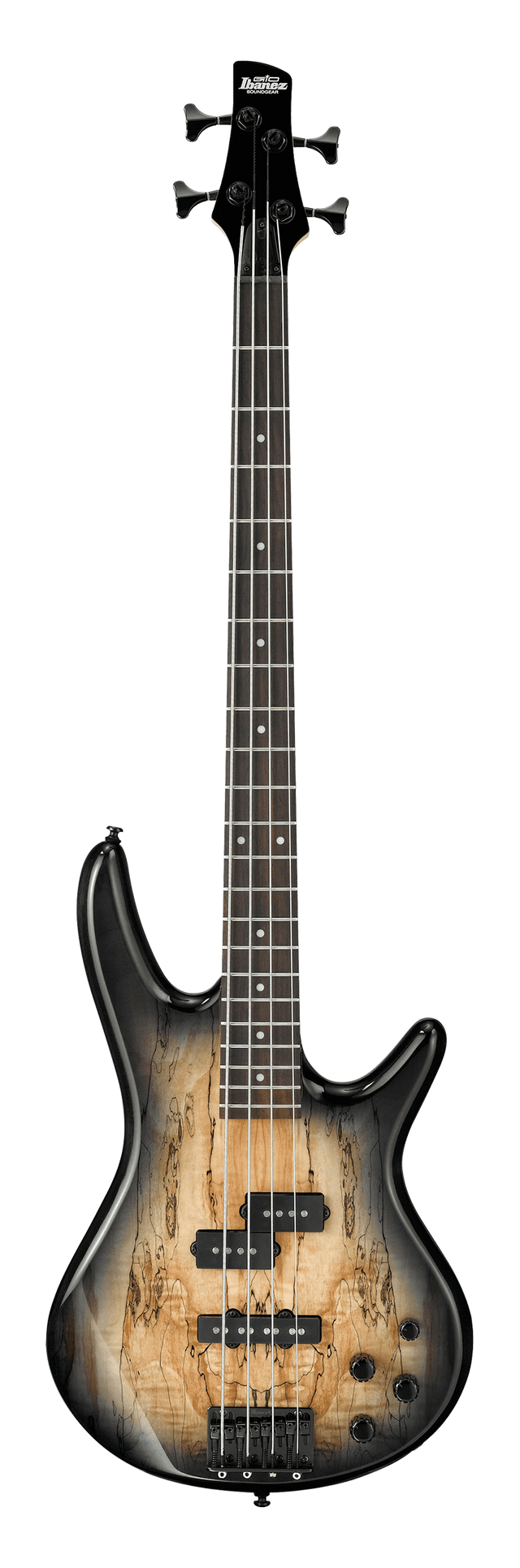 The image shows an electric bass guitar, an Ibanez model with a spalted maple top and gradient natural-to-dark finish. It features a double-cutaway body, black hardware, two pickups in a P/J configuration, multiple control knobs, and a four-string setup. The neck has a dark rosewood fretboard with dot inlays, four black tuning pegs, and the Ibanez logo on the headstock. This modern bass combines natural aesthetics with professional hardware.