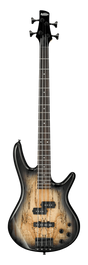 The image shows an electric bass guitar, an Ibanez model with a spalted maple top and gradient natural-to-dark finish. It features a double-cutaway body, black hardware, two pickups in a P/J configuration, multiple control knobs, and a four-string setup. The neck has a dark rosewood fretboard with dot inlays, four black tuning pegs, and the Ibanez logo on the headstock. This modern bass combines natural aesthetics with professional hardware.