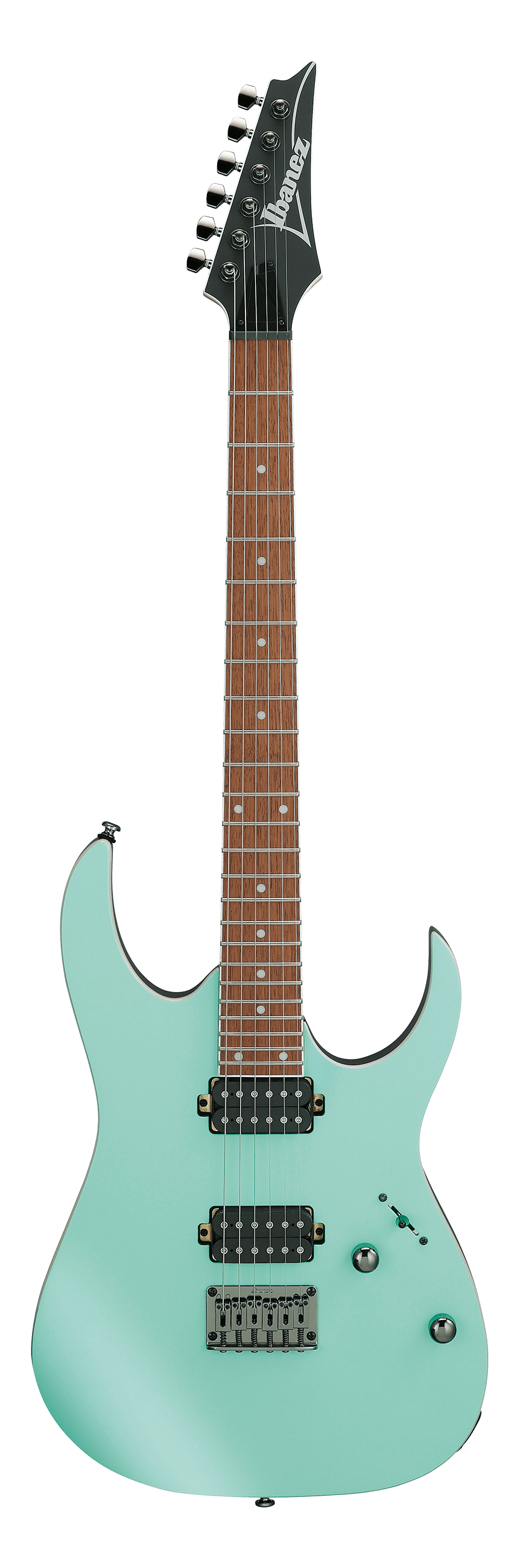 The image shows a seafoam green Ibanez electric guitar with a double-cutaway solid body. It has a black 6-in-line headstock with the Ibanez logo, a dark rosewood fretboard with dot inlays, two black humbucker pickups, a hardtail bridge, and black hardware. This 6-string guitar combines vintage style with modern playability, suited for rock, metal, and general use.