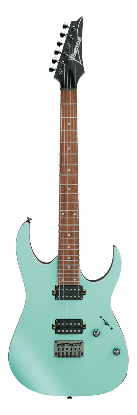 The image shows a seafoam green Ibanez electric guitar with a double-cutaway solid body. It has a black 6-in-line headstock with the Ibanez logo, a dark rosewood fretboard with dot inlays, two black humbucker pickups, a hardtail bridge, and black hardware. This 6-string guitar combines vintage style with modern playability, suited for rock, metal, and general use.