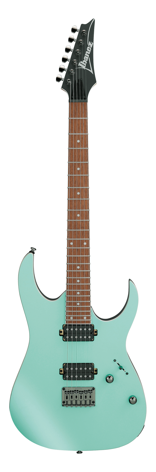 The image shows a seafoam green Ibanez electric guitar with a double-cutaway solid body. It has a black 6-in-line headstock with the Ibanez logo, a dark rosewood fretboard with dot inlays, two black humbucker pickups, a hardtail bridge, and black hardware. This 6-string guitar combines vintage style with modern playability, suited for rock, metal, and general use.