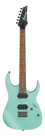 The image shows a seafoam green Ibanez electric guitar with a double-cutaway solid body. It has a black 6-in-line headstock with the Ibanez logo, a dark rosewood fretboard with dot inlays, two black humbucker pickups, a hardtail bridge, and black hardware. This 6-string guitar combines vintage style with modern playability, suited for rock, metal, and general use.