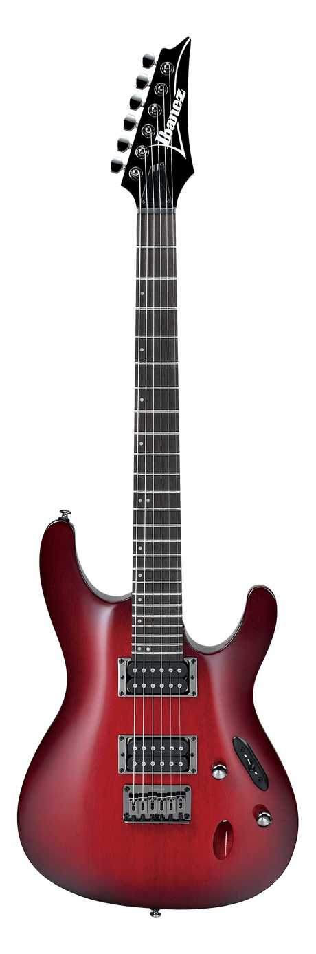 The image shows an Ibanez solid-body electric guitar with a red to burgundy burst finish and classic double-cutaway shape. It has a black headstock with the Ibanez logo, six inline tuning pegs, a dark fretboard with dot markers, two humbucker pickups, and standard controls including volume, tone knobs, and a pickup selector switch. This versatile mid-range guitar suits styles from rock to jazz.