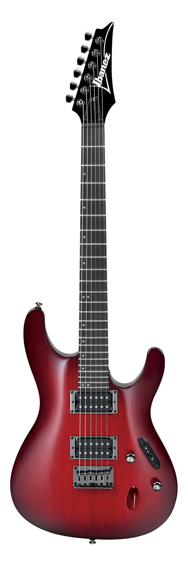 The image shows an Ibanez solid-body electric guitar with a red to burgundy burst finish and classic double-cutaway shape. It has a black headstock with the Ibanez logo, six inline tuning pegs, a dark fretboard with dot markers, two humbucker pickups, and standard controls including volume, tone knobs, and a pickup selector switch. This versatile mid-range guitar suits styles from rock to jazz.