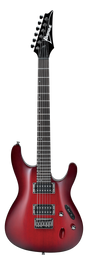 The image shows an Ibanez solid-body electric guitar with a red to burgundy burst finish and classic double-cutaway shape. It has a black headstock with the Ibanez logo, six inline tuning pegs, a dark fretboard with dot markers, two humbucker pickups, and standard controls including volume, tone knobs, and a pickup selector switch. This versatile mid-range guitar suits styles from rock to jazz.