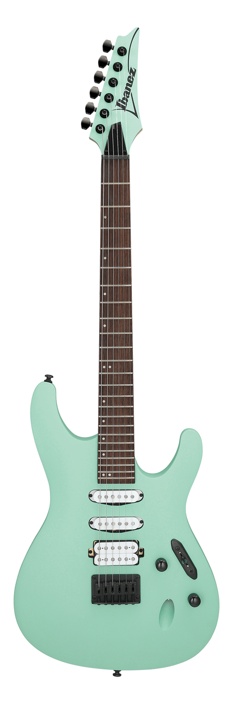 The image shows an Ibanez S-series electric guitar with a sleek, contoured body in a mint green finish. It features an HSS pickup configuration, black tremolo bridge, volume and tone knobs, and a pickup selector. The neck has a dark rosewood fretboard and a matching green headstock with six inline tuners and the Ibanez logo. This model is popular for its fast neck and versatile sound.