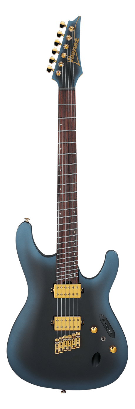 The image shows a dark blue Ibanez electric guitar with a sleek double-cutaway body and contoured shape. It features gold hardware, including tuning pegs, pickups, and a fixed bridge with string-through-body design. The guitar has two humbucker pickups, volume and tone controls, a rosewood fretboard with dot inlays, six strings, and the distinctive angular Ibanez headstock.