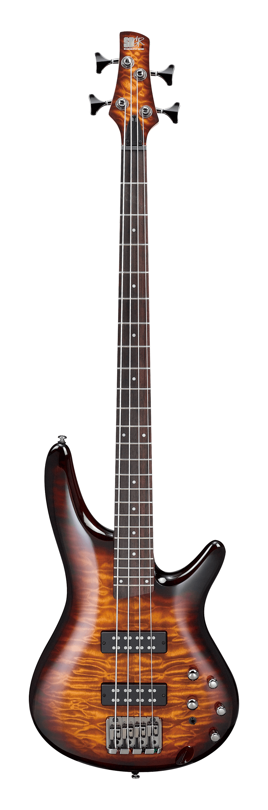 The image shows an electric 4-string bass guitar with a contoured body and a striking quilted or flamed maple top in an amber/orange sunburst finish. It features two black humbucking pickups, multiple control knobs, chrome hardware, and an adjustable bridge. The dark rosewood or ebony fretboard has dot inlays, and the headstock displays a brand logo. This high-quality instrument suggests an intermediate to professional level.