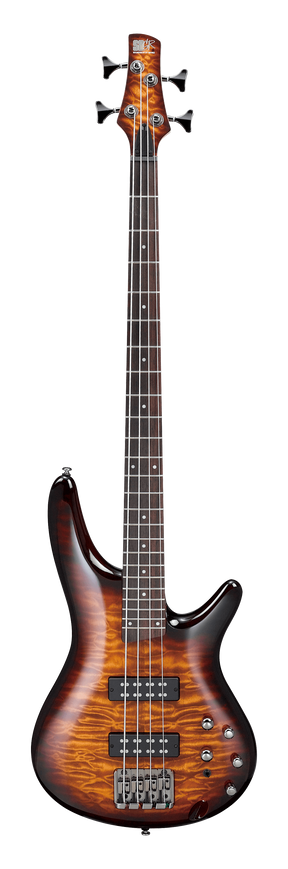 The image shows an electric 4-string bass guitar with a contoured body and a striking quilted or flamed maple top in an amber/orange sunburst finish. It features two black humbucking pickups, multiple control knobs, chrome hardware, and an adjustable bridge. The dark rosewood or ebony fretboard has dot inlays, and the headstock displays a brand logo. This high-quality instrument suggests an intermediate to professional level.