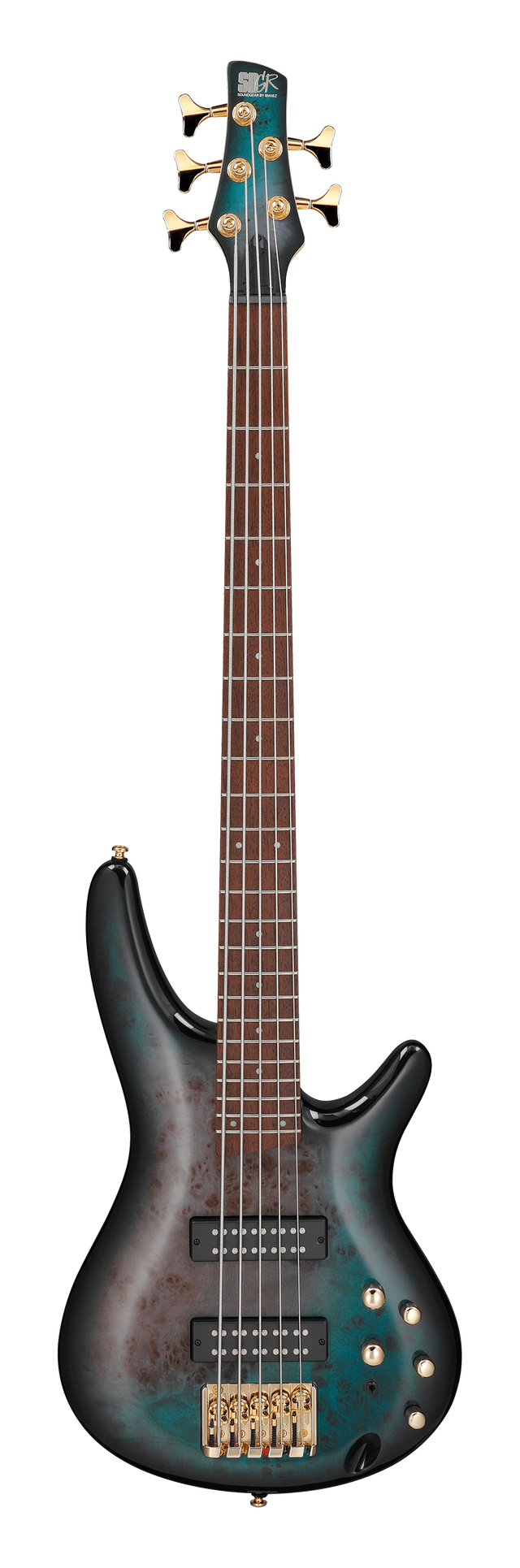 The image shows a beautiful 5-string electric bass guitar with a teal/turquoise burst finish and a classic double-cutaway body. It features two black humbucker pickups, gold hardware, multiple control knobs, and a rich brown fretboard with light markers. The gold tuning pegs match the five strings. A logo is faintly visible on the headstock. This high-end instrument combines premium craftsmanship with professional design for serious musicians.
