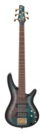 The image shows a beautiful 5-string electric bass guitar with a teal/turquoise burst finish and a classic double-cutaway body. It features two black humbucker pickups, gold hardware, multiple control knobs, and a rich brown fretboard with light markers. The gold tuning pegs match the five strings. A logo is faintly visible on the headstock. This high-end instrument combines premium craftsmanship with professional design for serious musicians.