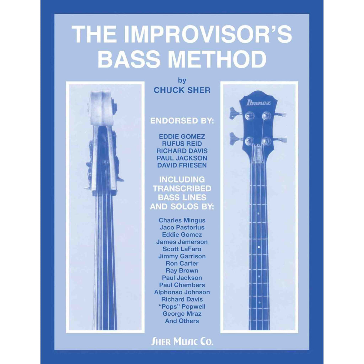 Book cover of 'The Improvisor's Bass Method' by Chuck Sher with blue and white design.