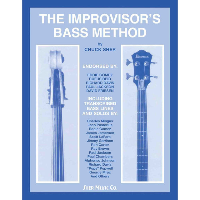 Book cover of 'The Improvisor's Bass Method' by Chuck Sher with blue and white design.