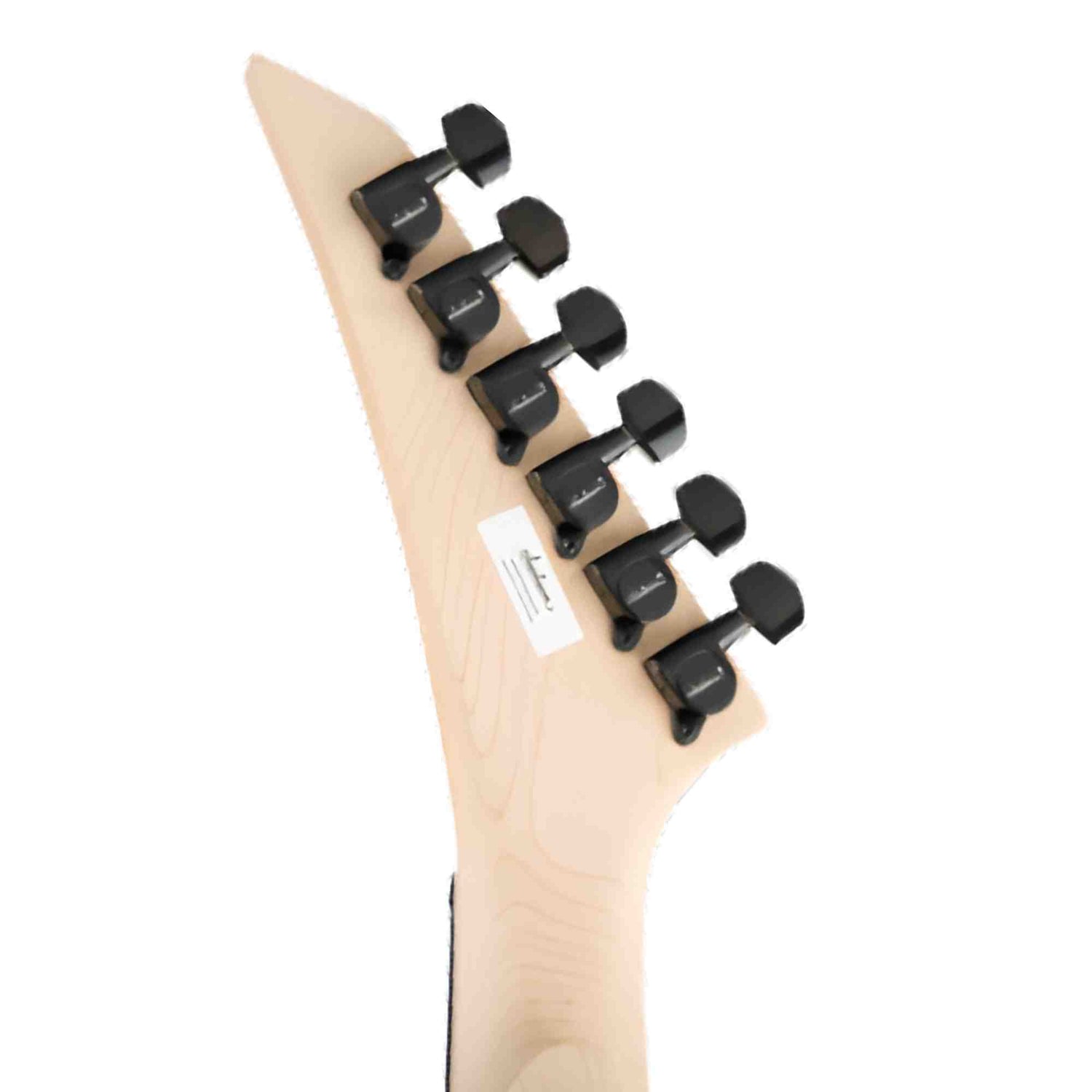 The back headstock of a Jackson guitar with black machine heads. 
