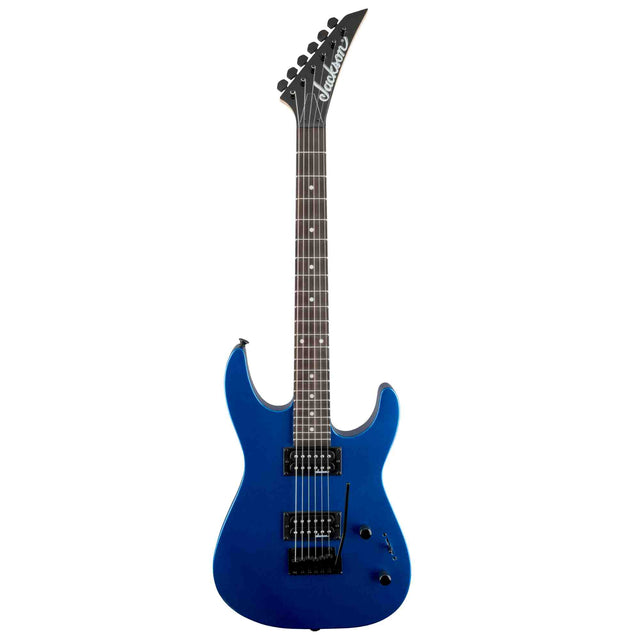 The front of a blue JS Series Dinky JS11, electric guitar. 