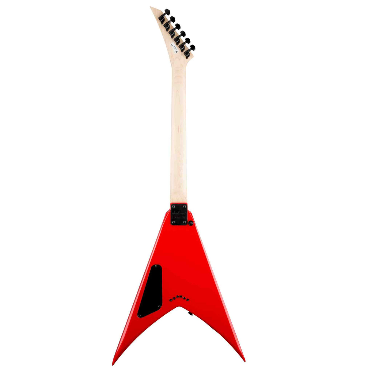 The back of a Ferrari red Jackson
JS Series King V JS32T, electric guitar with a white background. The body is a V shape and is red with black cover plates.