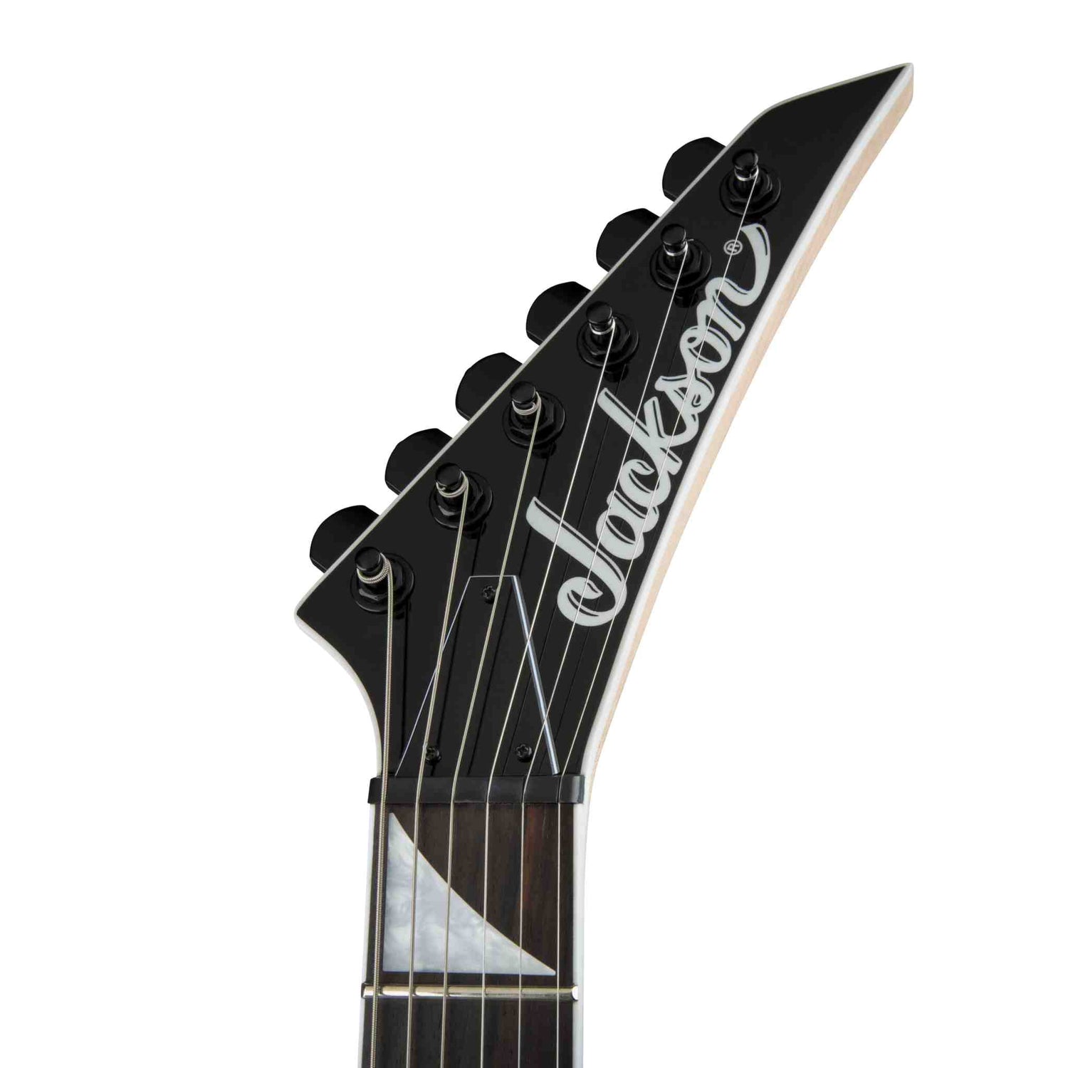 Black Jackson guitar headstock on a white background. 