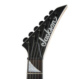 Black Jackson guitar headstock on a white background. 