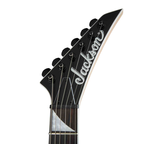 Black Jackson guitar headstock on a white background. 