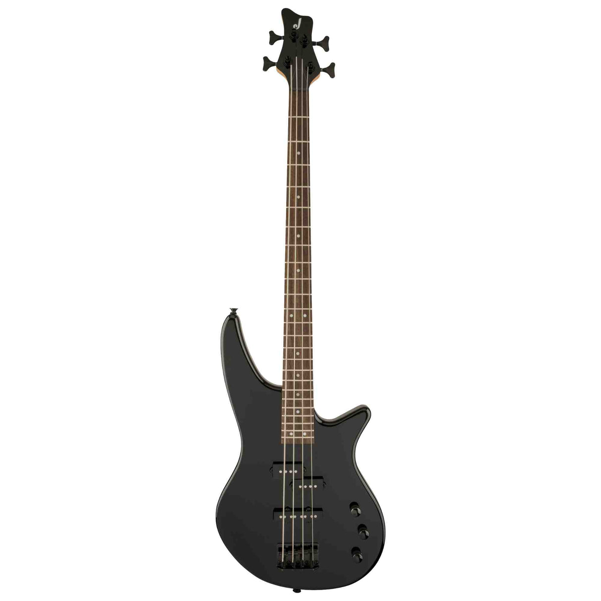 The front of a black Jackson JS Series Spectra Bass JS2 electric bass guitar on a white background