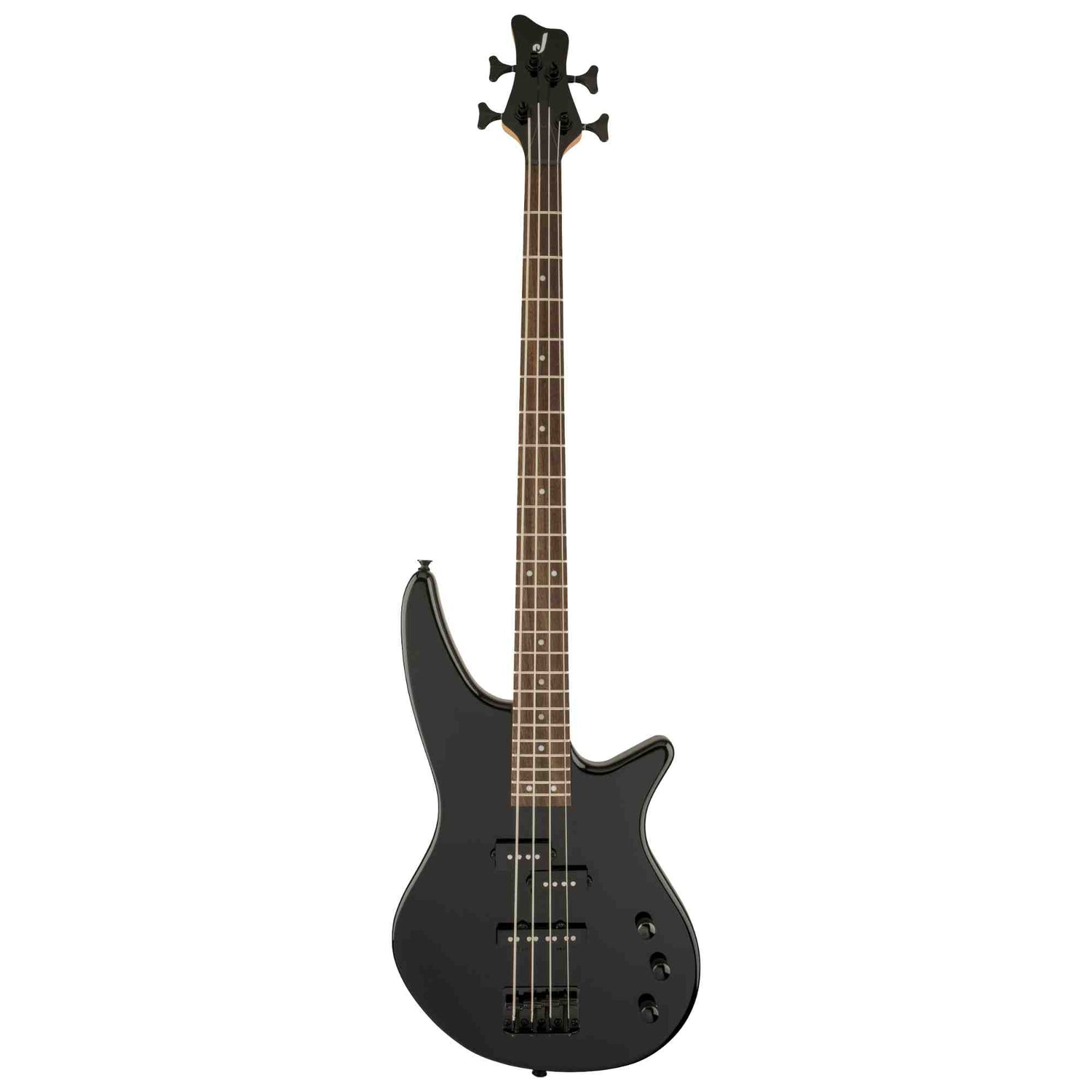 The front of a black Jackson JS Series Spectra Bass JS2 electric bass guitar on a white background
