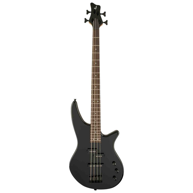 The front of a black Jackson JS Series Spectra Bass JS2 electric bass guitar on a white background
