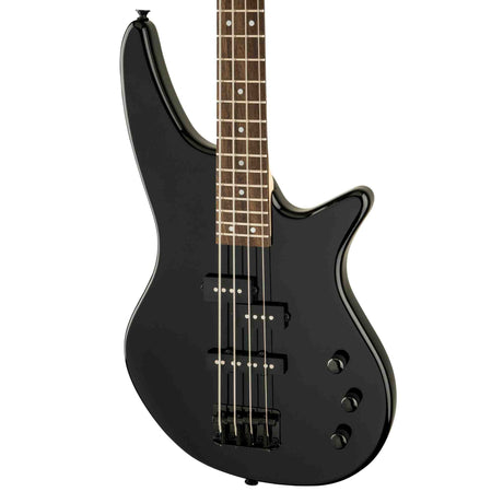 Close-up of the body of a Black  
JS Series Spectra Bass JS2 electric bass guitar on a white background