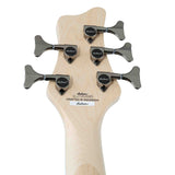The back of a Jackson JS Series Spectra 5 string bass JS3QV headstock with Silver tuning pegs on a white background