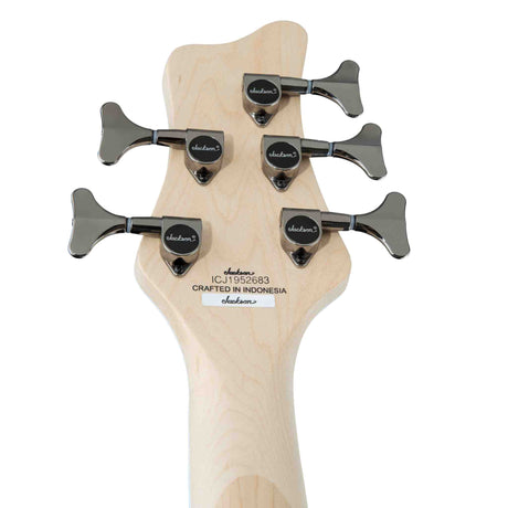 The back of a Jackson JS Series Spectra 5 string bass JS3QV headstock with Silver tuning pegs on a white background