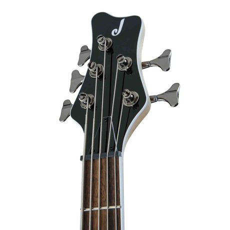 Close-up of a Jackson JS Series Spectra 5 string bass JS3QV headstock  with silver tuning pegs on a white background. The headstock is black with a white J on it which is one of the Jackson logos. 