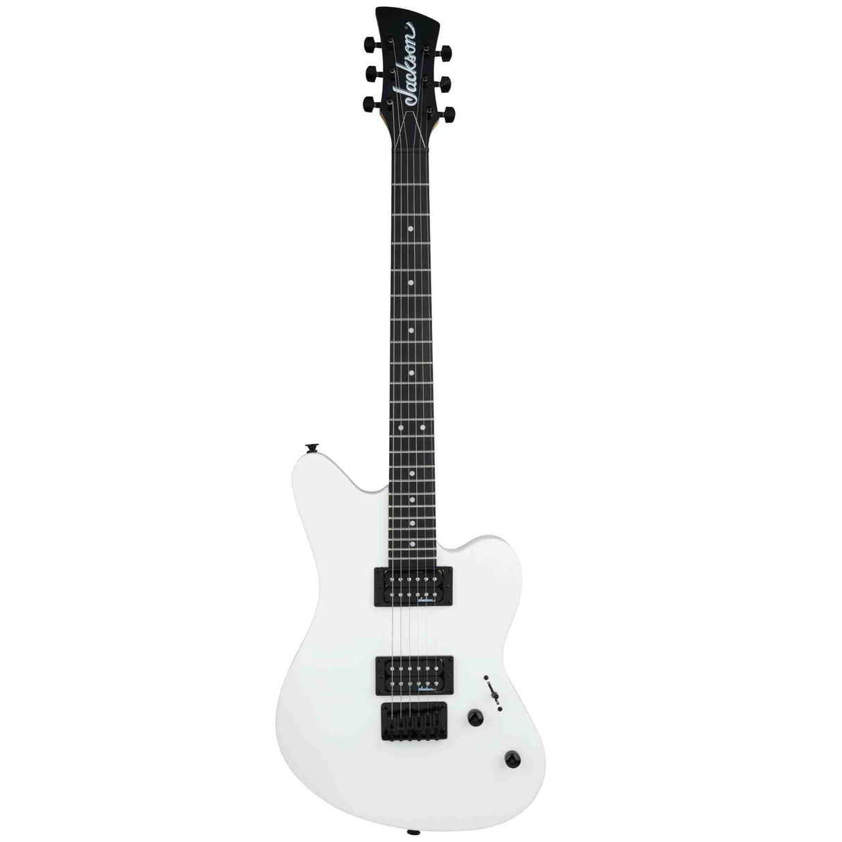 The front of a white Jackson JS Series Surfcaster JS22 HT electric guitar with black details on a white background