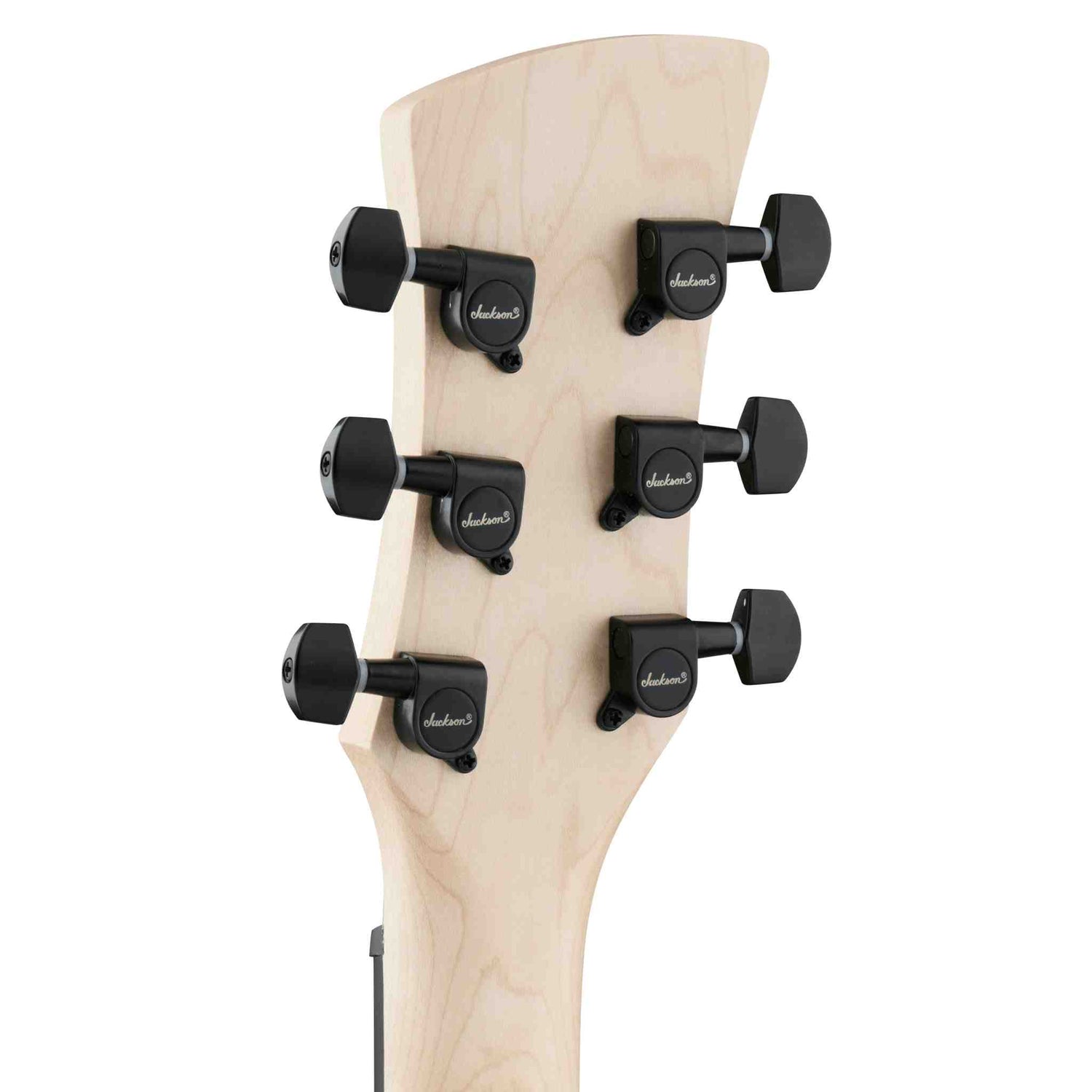 Close-up of a a Jackson JS Series Surfcaster JS22 HT headstock with black tuning pegs on a white background.