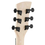 Close-up of a a Jackson JS Series Surfcaster JS22 HT headstock with black tuning pegs on a white background.
