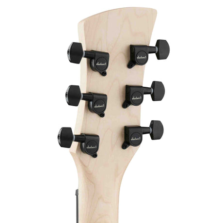 Close-up of a a Jackson JS Series Surfcaster JS22 HT headstock with black tuning pegs on a white background.